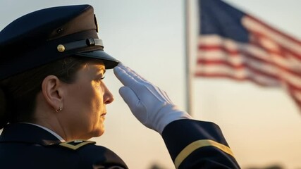 A woman in military uniform saluting with an american flag - Powered by Adobe