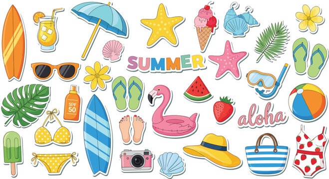 Set of summer stickers. Icons for tropical vacation. Seasonal elements collection. Flamingos, ice cream, pineapple, tropic leaves, cocktails, plumeria, watermelon, beach accessories - Powered by Adobe
