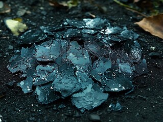 A cluster of reflective dark flaky materials on the ground