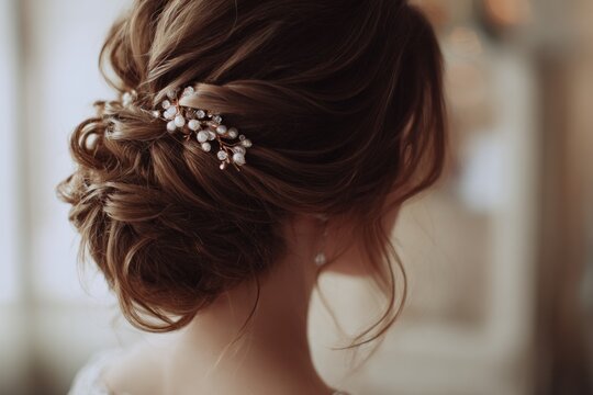 A close-up of an elegant bridal updo with a delicate hair accessory