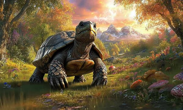 Majestic Tortoise in a Lush, Enchanting Forest at Sunrise