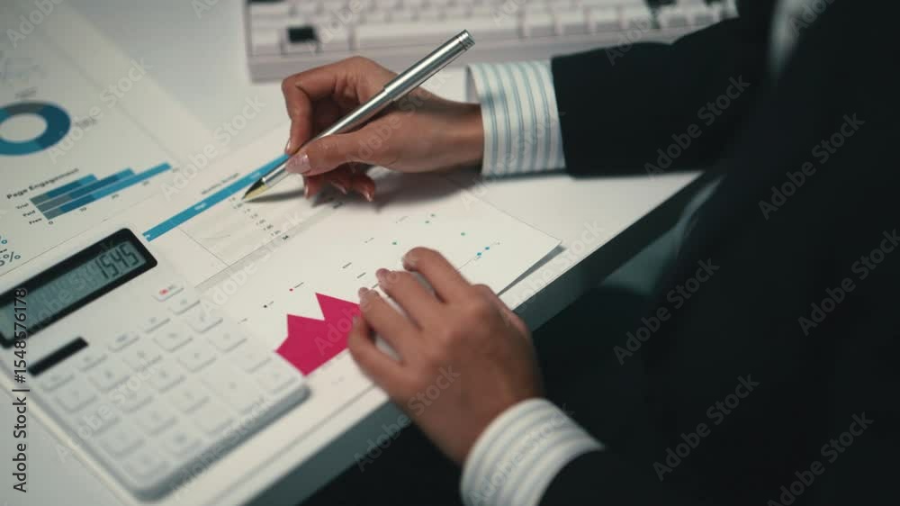 Poster Financial expert analyzing detailed reports, using calculator while strategically reviewing data at modern corporate workspace