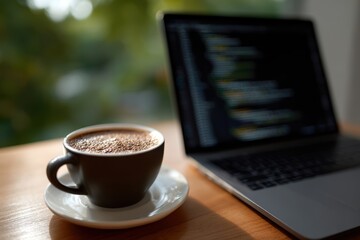 Laptop screen with coding software and coffee beside