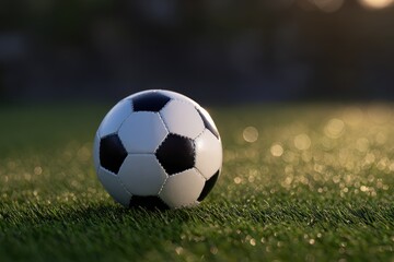 Soccer ball on green field in morning light