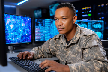 African American Soldier Typing on Keyboard in Dark Room with Multiple Computer Screens Displaying Data