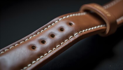 A close-up of a brown leather watch strap with white stitching