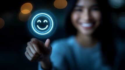 Smiling Woman Interacting With A Digital Glowing Smiley Face Icon