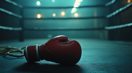 Boxing gloves resting a punching pad with ring ropes in the background no human no labelling and no logo