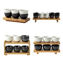 Elegant Black and White Bowls on Bamboo Stands for Stylish Dining Decor