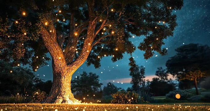 Magical night scene with a large tree illuminated by fairy lights under a starry sky.