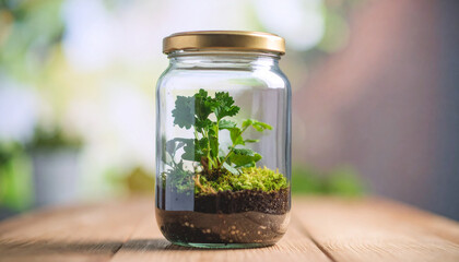  Pickle jar terrarium with miniature vegetable forest and brine rain. Generated Image