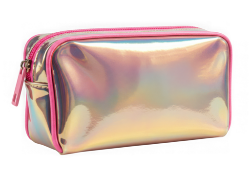 Holographic makeup bag with pink trim isolated on transparent background