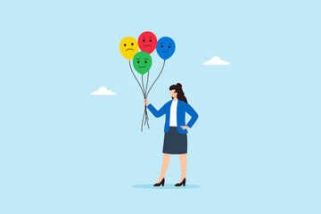 Flat illustration of businesswoman holding balloons with different facial expressions symbolizing emotional diversity mood swings and mental health awareness