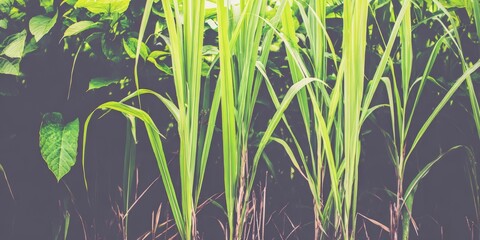 Obraz premium Top-down macro of dense wild grass with visible dew drops and rich green tones, capturing natural texture and freshness of untamed field vegetation.