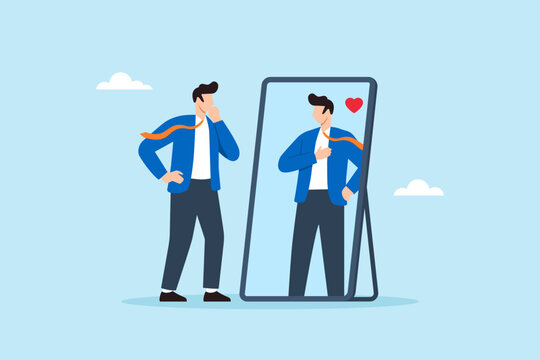 Flat illustration of confident businessman looking at mirror with admiration symbolizing self-love self-esteem and positive thinking