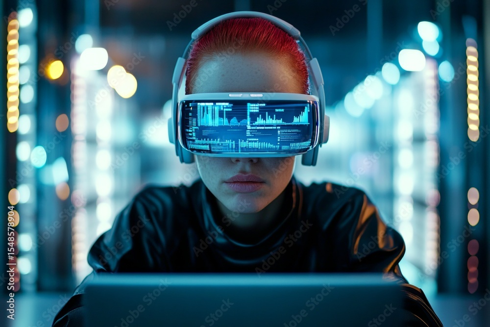 Fototapete graphs and computer text reflections in her glasses. background is a dark room with racks. graphic a