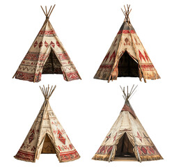 Traditional Tipis with Colorful Patterns Set Against a White Background