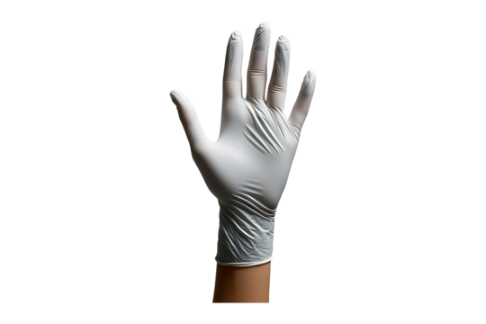 Hand in white nitrile glove isolated on a transparent background