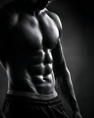 close-up of six-pack abs, dramatic rim lighting, shadow detail, artistic fitness photo, dark minimal background