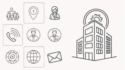 Black vector icons line art illustration of a building with a gear on top and contact icons including people and email address