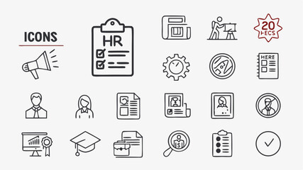 Black vector icons collection of human resources icons including a checklist megaphone and various document illustrations