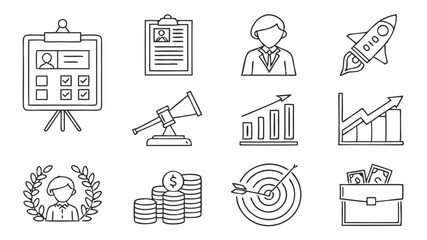 Black vector icons line art icons representing business and finance elements including growth and success in monochrome style