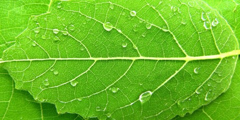 Fototapeta premium Extreme macro of tropical green leaf with dew drops and sunlit veins, revealing symmetrical natural patterns and vibrant texture for eco-themed visuals.