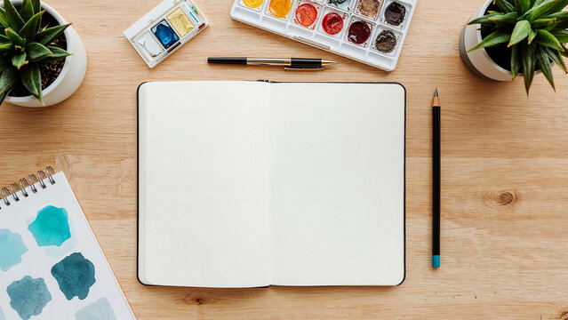 Blank notebook pens watercolors minimalist workspace productivity organization