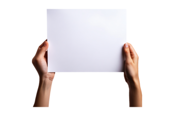 Hand holding blank A4 paper isolated on a transparent background