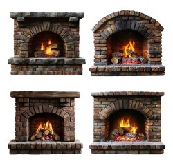 Various Cozy Fireplace Designs with Flames and Stone Backgrounds