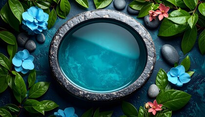 Obraz na płótnie Canvas Top view of turquoise water in oval-shaped stone bowl, minimalist spa concept