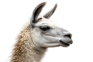 Obraz premium Close-up of a white and brown llama with thick wool isolated on transparent background