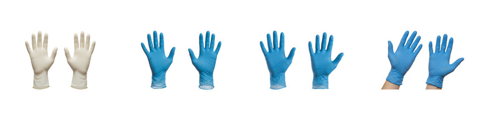 Fototapeta premium Protective Gloves Assortment: A studio shot showcasing a variety of protective gloves, including white and blue nitrile gloves, suitable for various applications.