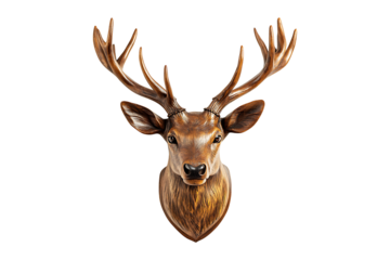 Mahogany wooden deer head trophy isolated on a transparent background