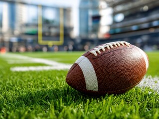 Classic Football Closeup White Laces On Bright Green Turf With Crisp White Yard Line Natural Lighting And Shallow Depth Reveal Grand Stadium And Distant City, Evoking Quiet Postgame Scene