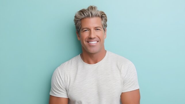 Smiling middle-aged man in casual wear, radiating warmth and approachability