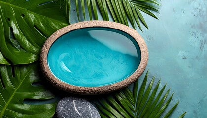 Obraz na płótnie Canvas Top view of turquoise water in oval-shaped stone bowl, minimalist spa concept