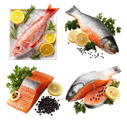 Fresh Salmon and Snapper Fish Arrangement with Herbs and Lemon on Ice