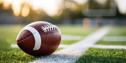 Closeup Of Classic Leather Football On Vibrant Green Grass, Its White Laces Prominent Warm, Shallow Background With Stadium Hints Suggests Quiet Anticipation Or Postgame Tranquility