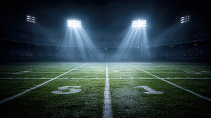Dramatic Night View Of An Empty Stadium, Showcasing Iconic 50Yard Line From Unique Field level Perspective Large Green Field, With Its Detailed Yard Lines, Stretches Under Powerful Lights
