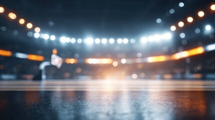 Dramatic Stadium Ambiance Sharp Focus On Reflective Court Surface Blue Lights And Warm Spotlight Illuminate Distant Hoop And Backboard, Evoking Profound Anticipation In Serene Postgame Scene