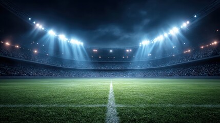 Experience Dramatic Night Sky Above Vast Stadium, Its Full Seating Bowl Anticipating An Electrifying Event On Vibrant Green Pitch, Brilliantly Lit By Powerful Beams