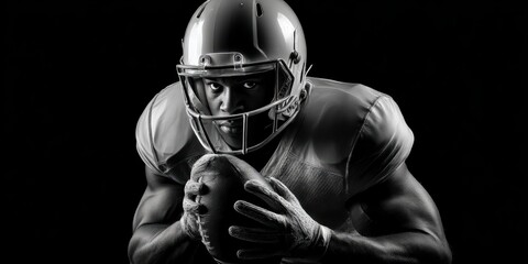 Striking Closeup Of An American Football Player In Dramatic, High contrast Black White Portrait Intense Focus Enhanced By Strong Low-key Lighting On His Helmet, Showcasing Powerful Athletic Prowess