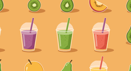 Colorful fruit smoothies and sliced kiwis pears and peaches in a seamless pattern.