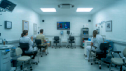 Fototapeta premium Blurred medical examination room cool tones healthcare background