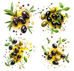 Fresh Olive Varieties with Herbs and Oil on a Dark Background