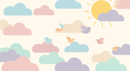 Pastel Clouds and Birds with a Sunny Sky in a Whimsical Design.
