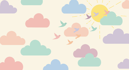 Pastel Clouds and Birds Flying Towards the Sun a Whimsical Sky Scene.