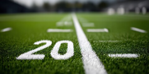Vibrant Green Artificial Stadium Field Crisp 20-Yard Line Closeup This Well maintained Venue Highlights Bright White Yard Line And Center Line, With Distant Stadium Seating