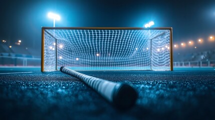 Field hockey stick goalboard setup under stadium lights no human no labelling and no logo